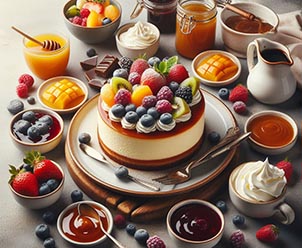 Una tarta de queso acompañado de un plato con frutas frescas, otro plato con mermeladas, otro plato con salsa de caramelo y chocolate y otro plato con nata montada